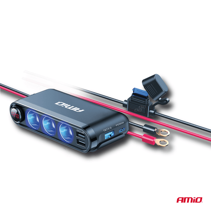 AMiO 3 Dubbele Accu Aansluiting Splitter met (3x USB-A & 1x USB-C) 12V/24V en Voltmeter + Zekeringhouder Zwart - VCTparts.nl