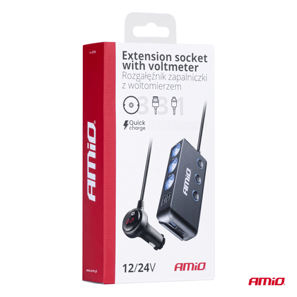 AMIO 3 Doppelzigarette leichter Stecker Splitter mit (3x USB-A & 1x USB-C) 12V/24 V und Voltmeter Schwarz