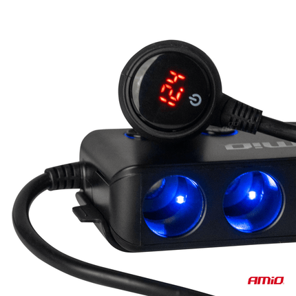 AMIO 3 Doppelzigarette leichter Stecker Splitter mit (3x USB-A & 1x USB-C) 12V/24 V und Voltmeter Schwarz