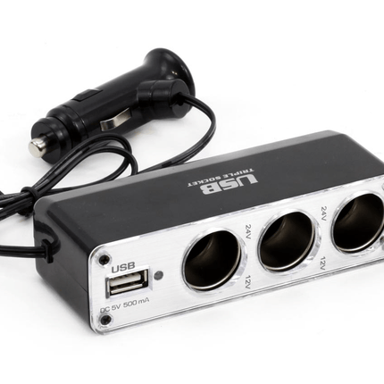 AMiO 3 Dubbele Sigarettenaansteker Plug Splitter met USB-A 12V/24V Zwart - VCTparts.nl