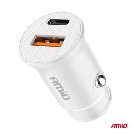 AMiO Auto Oplader USB-A + USB-C 20W 12/24V Wit - VCTparts.nl