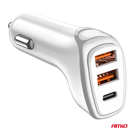 AMiO Autolader Telefoon 2x USB-A + 1x USB-C 38W 12/24V Wit - VCTparts.nl