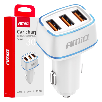 AMiO Autolader Telefoon 3x USB-A 3.1A 12/24V Wit - VCTparts.nl