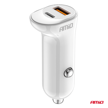 AMiO Autolader Telefoon USB-A + USB-C 20W 12/24V Wit - VCTparts.nl