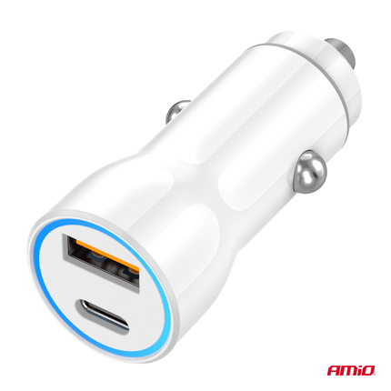 AMiO Autolader Telefoon USB-A + USB-C 20W 12/24V Wit - VCTparts.nl