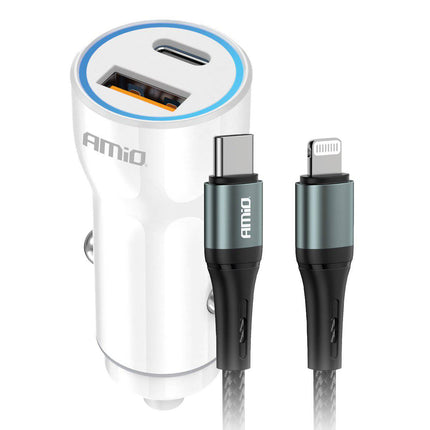 AMiO Autolader + USB-C naar Lightning Kabel Combideal – Voor Snelladen Onderweg - VCTparts.nl