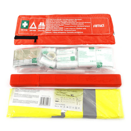 AMiO Combi Plus set EHBO Kit en DIN13164 Veiligheidsvest en Driehoek met Waterdichte Verpakking Rood - VCTparts.nl