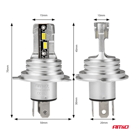 AMiO Dimlicht LED H4/H19 Mini 6500k Wit (set) 12v/24v  [Witte koplampen - Witte Dimlichten] - VCTparts.nl