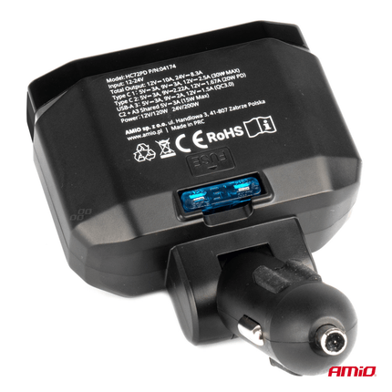 AMIO Double Cigarette Lighter Plug Splitter mit (2x USB-A & 1x USB-C) 12V/24 V QC3.0 200W Voltmeter Schwarz