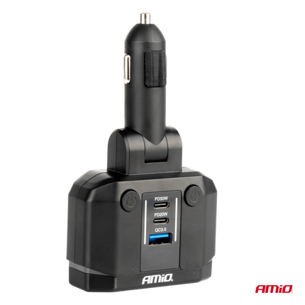 AMIO Double Cigarette Lighter Plug Splitter mit (2x USB-A & 1x USB-C) 12V/24 V QC3.0 200W Voltmeter Schwarz