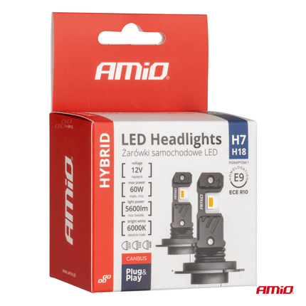 AMiO LED Koplampen + Grootlicht Hybrid series H7 (H18) Wit 6000K - 5600LM Canbus 60W 4 stuks - VCTparts.nl