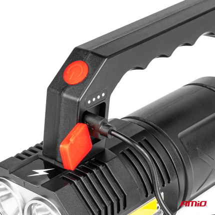 AMIO-LED-Suchscheinwerfer Handlampe mit integrierter wiederaufladbarer Akku 300 lm schwarz-rot