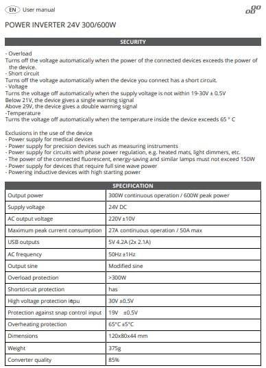 AMiO Power Inverter 24V/230V 300W/600W 2xUSB PI04 - Draagbare Auto Spanningsomvormer - VCTparts.nl