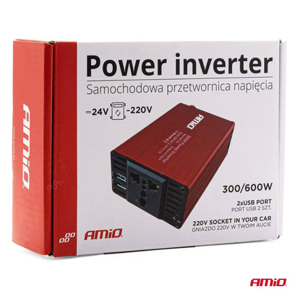 AMiO Power Inverter 24V/230V 300W/600W 2xUSB PI04 - Draagbare Auto Spanningsomvormer - VCTparts.nl