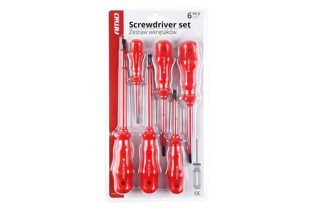 AMiO Schroevendraaier Set CR-V Staal 6 Stuks Magnetische Kop - Rood - VCTparts.nl