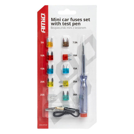 AMiO Testpen Spanningszoeker Set met Mini Autozekeringen 5A t/m 30A - VCTparts.nl