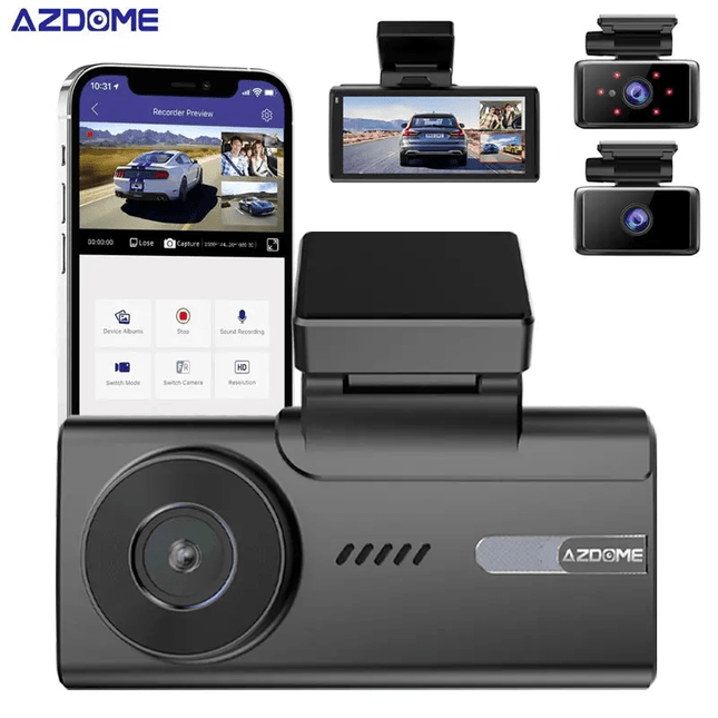 AZDome Dashcam M580 Pro 5K 3CH Wifi Auto Video Recorder 64gb + Interieur en Achter Camera Zwart - VCTparts.nl