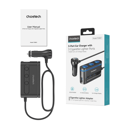 Choetech TC0021 Autolader met 2 USB-C Poorten 1 USB-A Poort en 3 Sigarettenaansteker Aansluitingen Zwart - VCTparts.nl