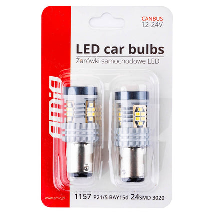 AMiO LED-lampen CANBUS 3020 24SMD 1157 BAY15D P21/5W Wit 12V/24V - VCTparts.nl