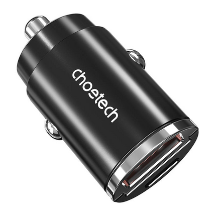 Choetech Autolader Telefoon 1x USB-A, 1x USB-C 30W PD 3.0 12/24V Zwart