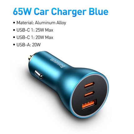 Baseus  Autolader Oplader USB-C & USB 3x Snellader - Navy Blue 65W [Triple Fast Car Charger]