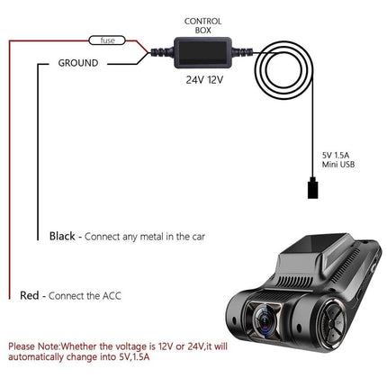 Auto Dashcam Continue Voeding Hardwire Kabel Voeding Mini USB [3.2M 12v/24v] - VCTparts.nl