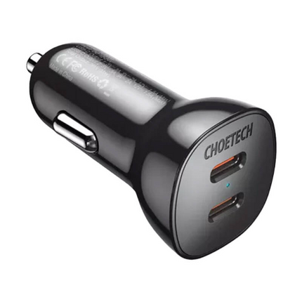 Choetech Autolader Telefoon 2x USB-C 40W PD 3.0 12/24V Zwart