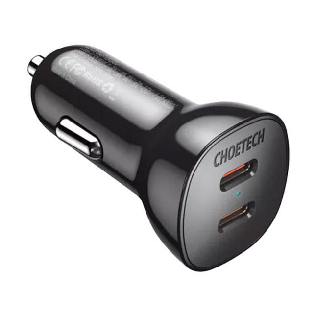 Choetech Autolader Telefoon 2x USB-C 40W PD 3.0 12/24V Zwart