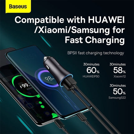 Baseus  Autolader Oplader USB-C & USB 3x Snellader - Grey 65W [Triple Fast Car Charger] - VCTparts.nl