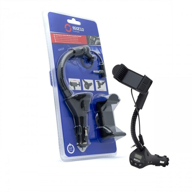 Sparco Bluetooth Muziek FM Transmitter + Telefoonhouder Handsfree Combi Zwart - VCTparts.nl