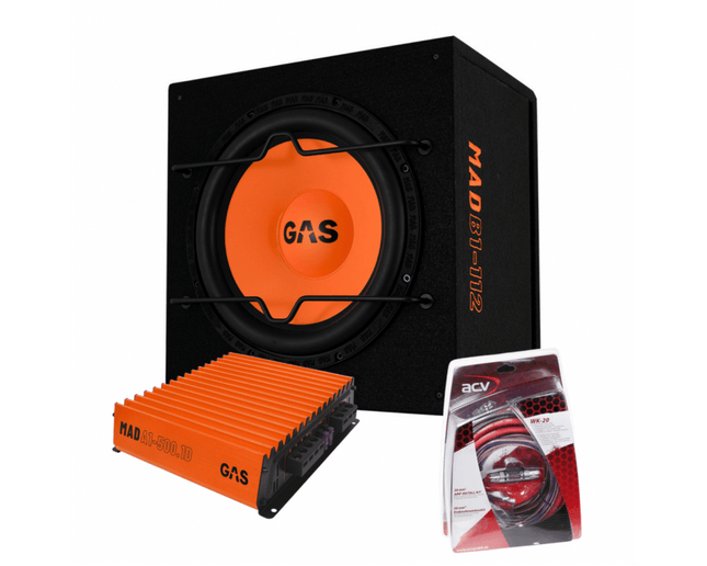 Gas Audio Power Gas Mad Subwoofer Set Mad B1-112 + Mad A1-500.1d + Wk-20 voor Auto Geluidssystemen en Hoogwaardige Geluidskwaliteit - VCTparts.nl