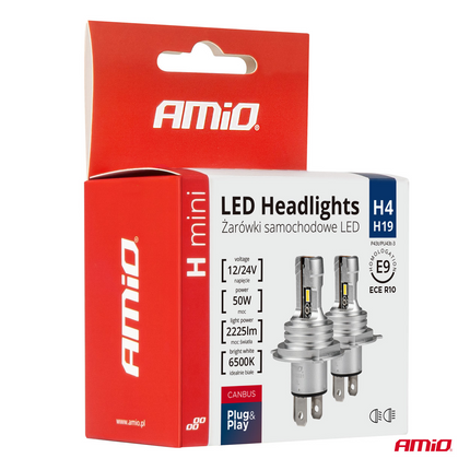 AMIO DIMLicht LED H4/H19 Mini 6500K Weiß (Set) 12V/24 V [Weiße Scheinwerfer - Weiße Dimlights]