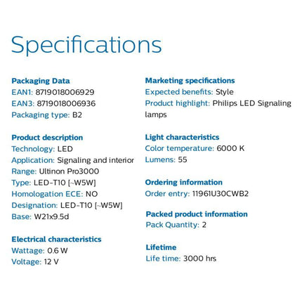 Philips Ultinon T10 LED 6000K Weiße Beleuchtung 12V W5W (Set) [Stadtbeleuchtung - Parkbeleuchtung - Nummernschildbeleuchtung - Innenbeleuchtung]