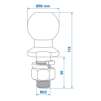 ProPlus Trekhaakkogel Recht M22 x 50mm Schroefkogel Trekhaak Kogelstang - VCTparts.nl