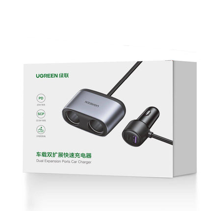 UGreen Car Ladegerät 2x USB / 2x Cigarette Leichtersplitter schwarz [1x USB-C & 1x USB-A]