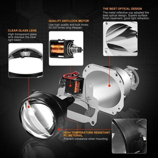 2.5" Bi-Xenon LED Koplamp LHD Projector Lens Diffuus Lichtkap H4 H7 H1 HID met Angel Eye LED Ring (set) [High/Low Beam] - VCTparts.nl